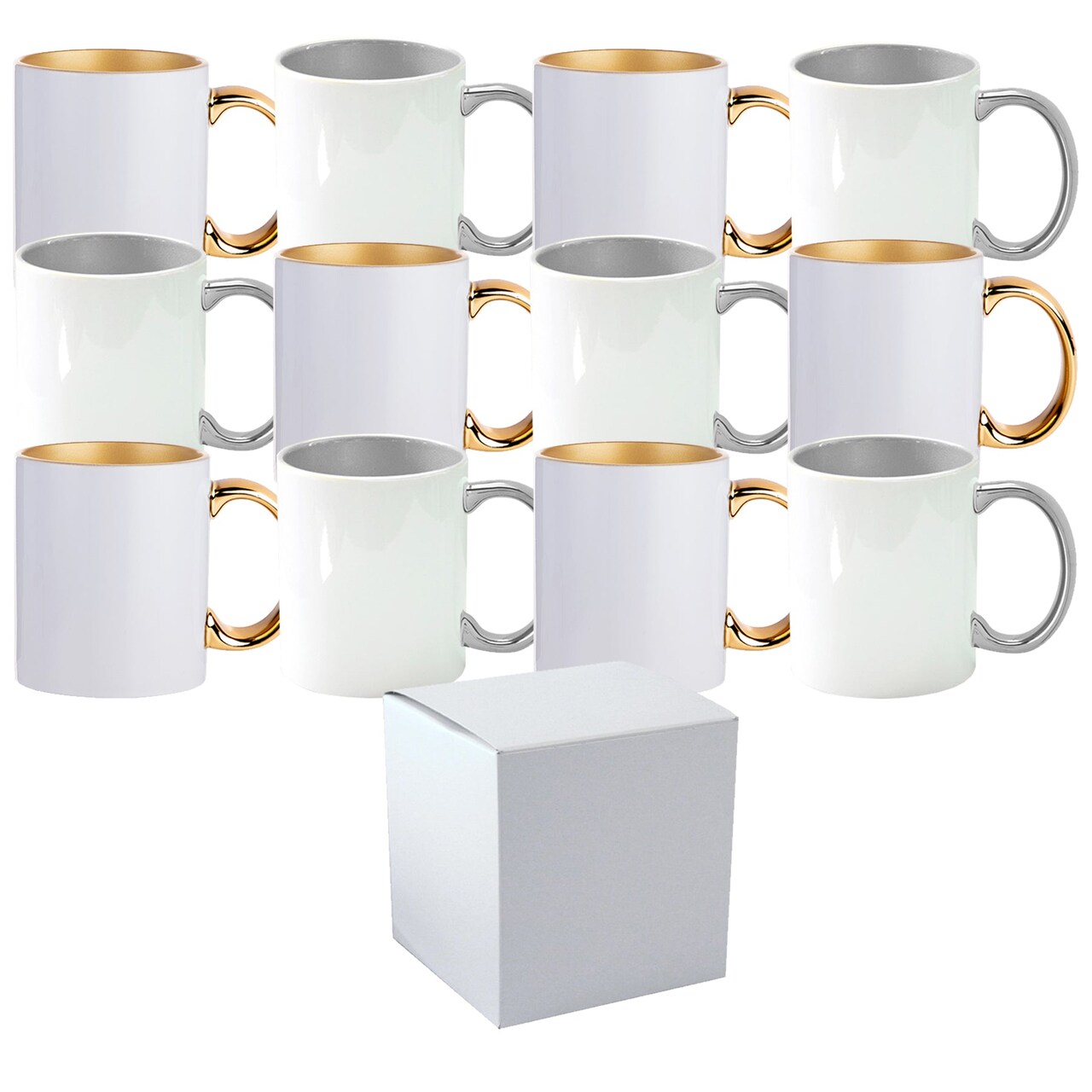 12 Pcs 11 oz. SILVER & GOLD Inner & Handle- Ceramic Sublimation Mugs - Professional Grade - With Individual White Gift Boxes